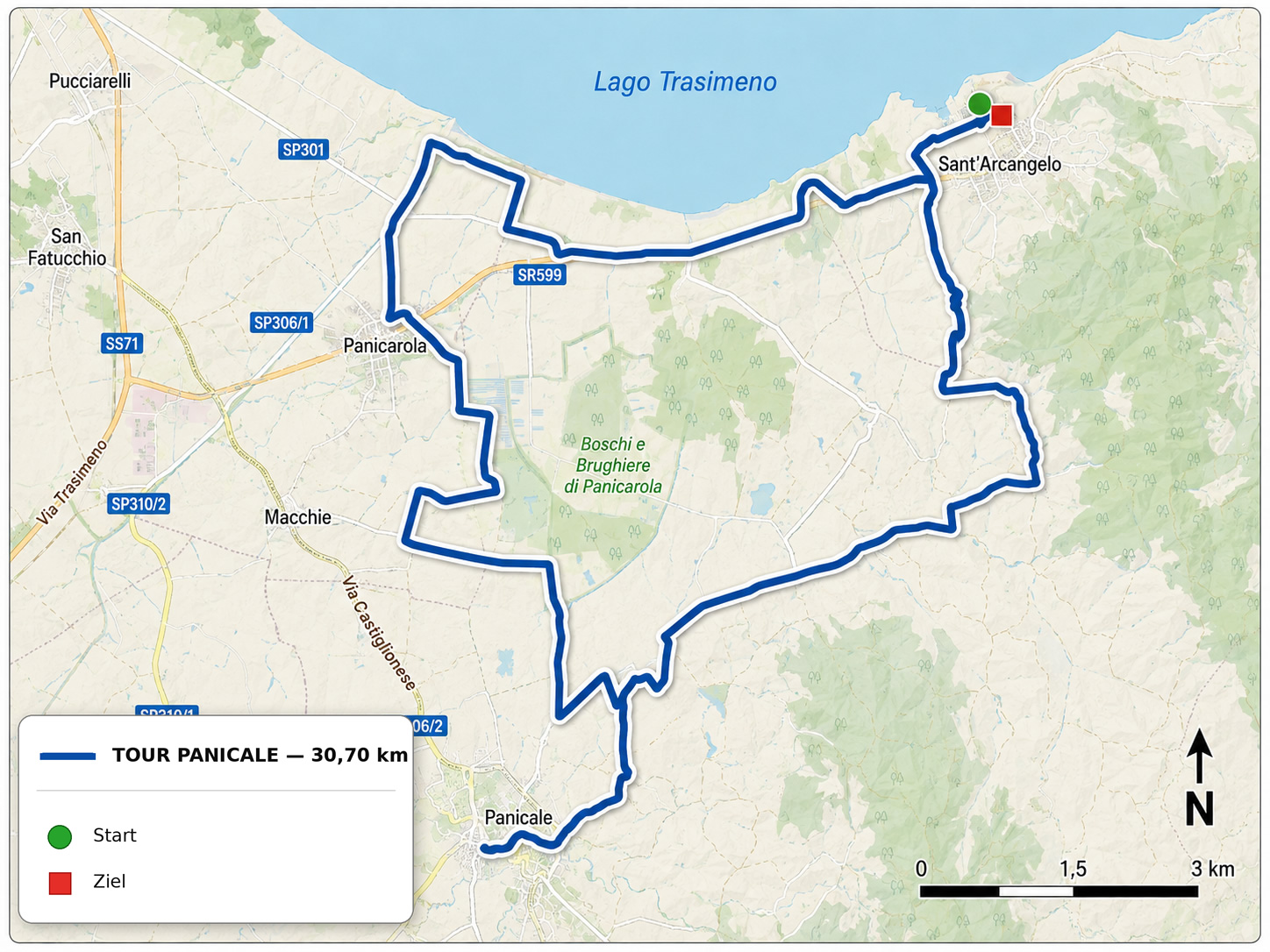 GPX-Karte der Tour Panicale, einer 30,70 km langen Rundroute vom Trasimenischen See nach Panicale