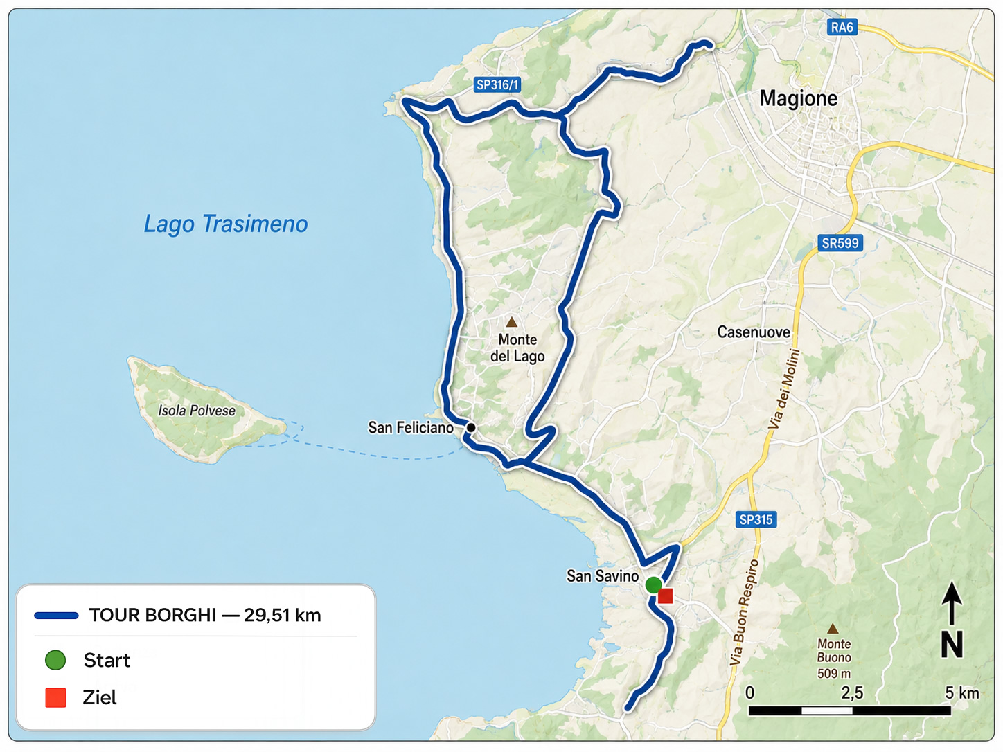 GPX-Karte der Tour Borghi, einer 29,51 km langen Radroute am Trasimenischen See